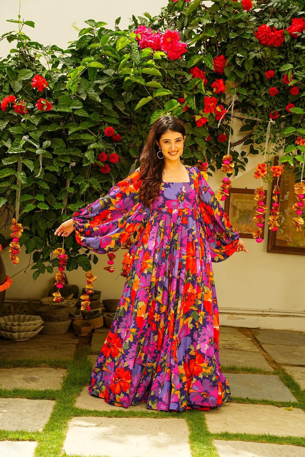 Sonakshi Women's Multicolor Georgette Digital Print Full Round Flair Anarkali Gown Set - Distacart