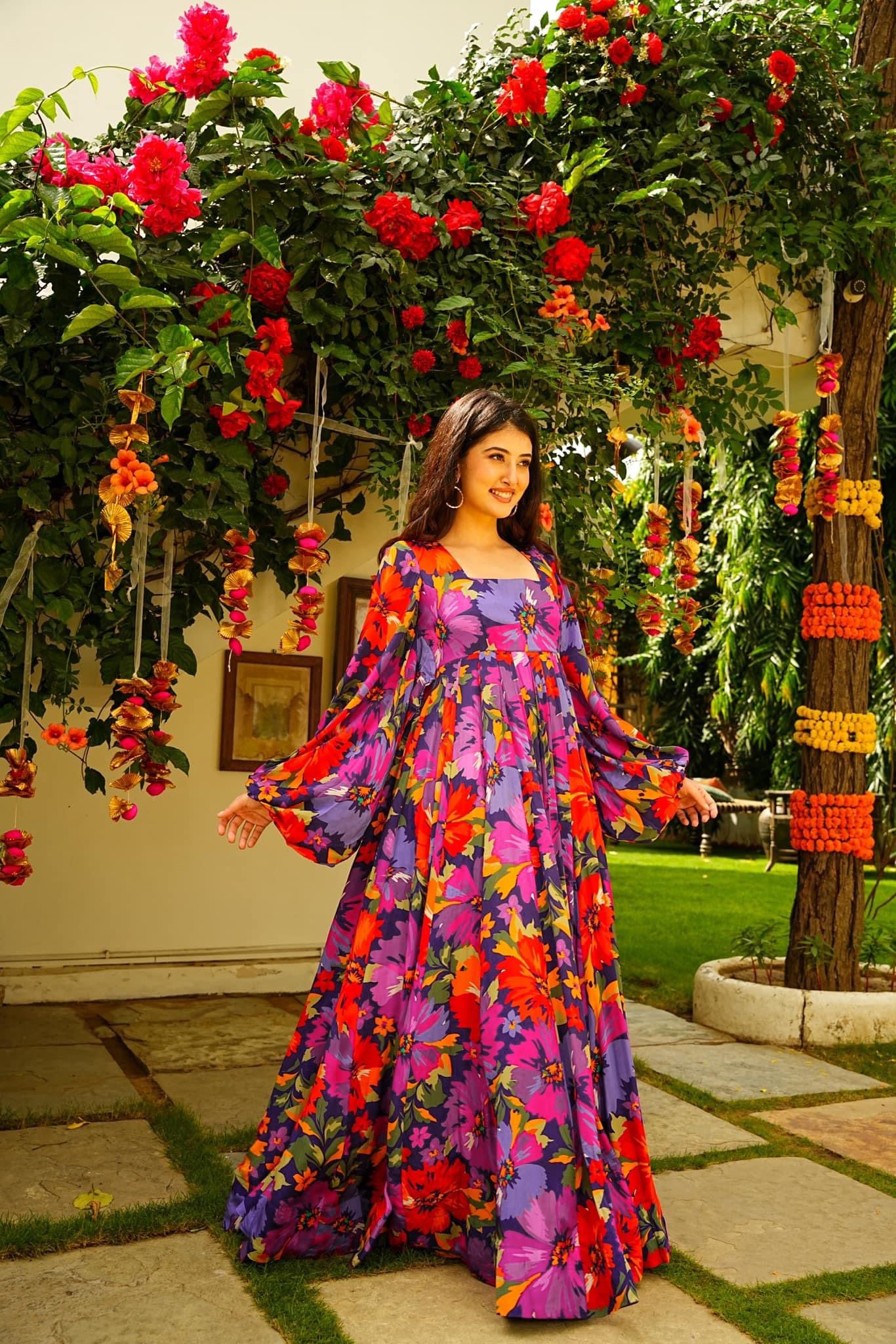 Sonakshi Women's Multicolor Georgette Digital Print Full Round Flair Anarkali Gown Set - Distacart