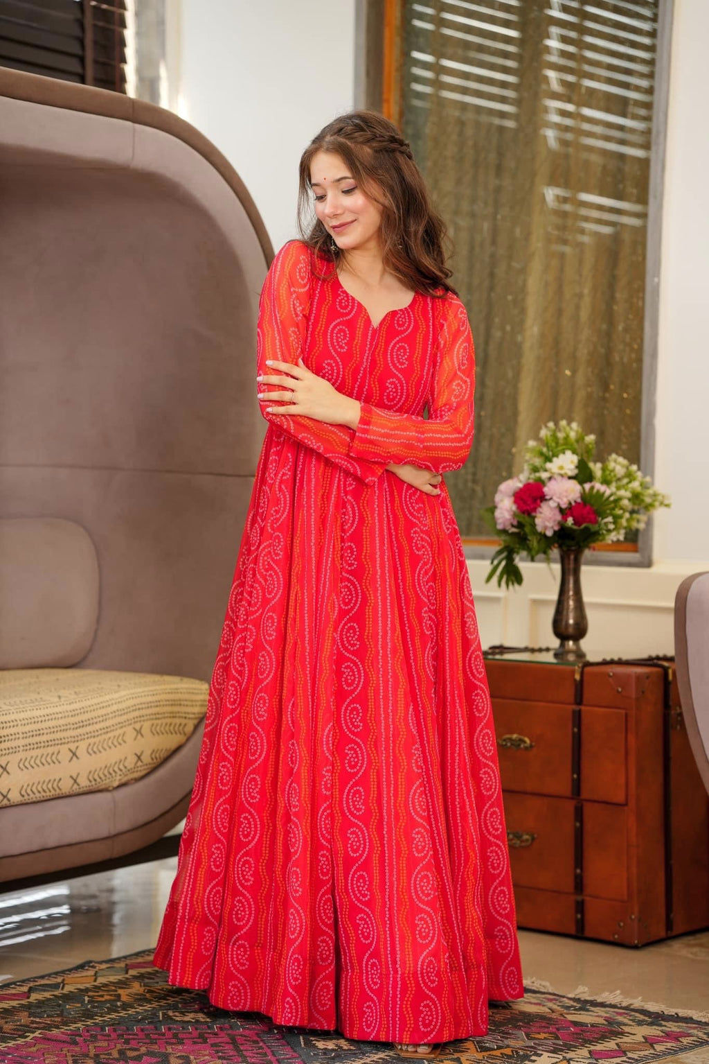 Sonakshi Women's Rani Georgette Digital Print Full Round Flair Anarkali Gown Set - Distacart