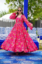 Sonakshi Women's Pink Georgette Digital Print Full Round Flair Anarkali Gown Set - Distacart