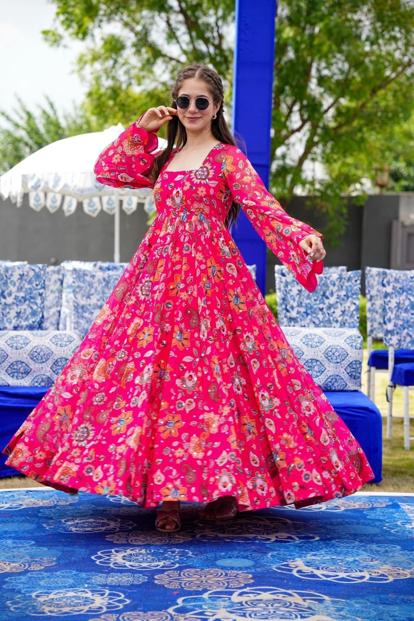 Sonakshi Women's Pink Georgette Digital Print Full Round Flair Anarkali Gown Set - Distacart