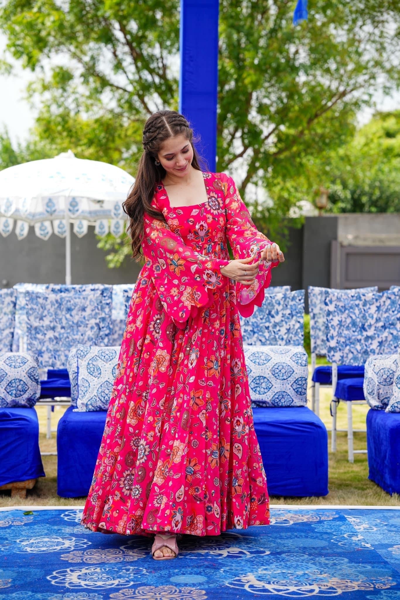 Sonakshi Women's Pink Georgette Digital Print Full Round Flair Anarkali Gown Set - Distacart