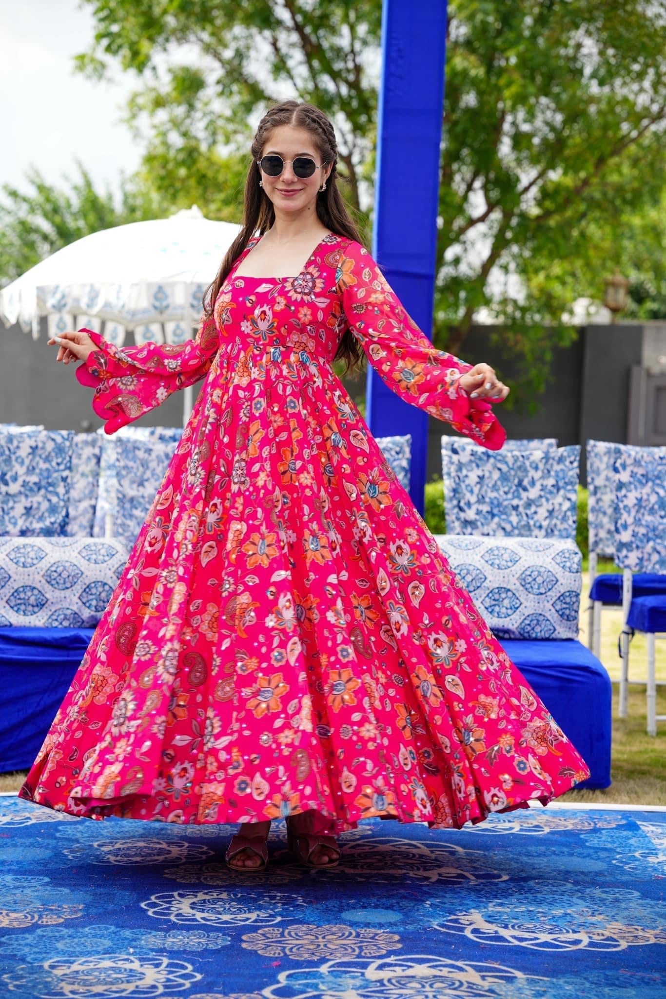 Sonakshi Women's Pink Georgette Digital Print Full Round Flair Anarkali Gown Set - Distacart