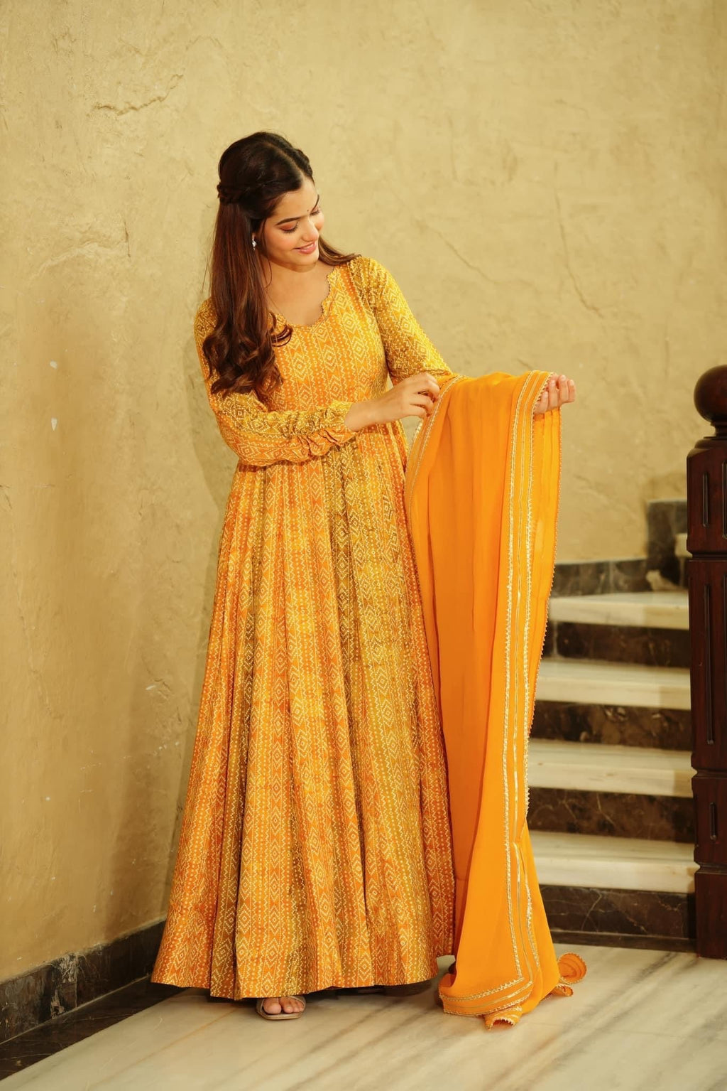 Sonakshi Women's Yellow Georgette Digital Print Full Round Flair Anarkali Gown Set With Dupatta - Distacart