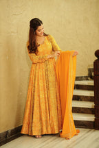 Sonakshi Women's Yellow Georgette Digital Print Full Round Flair Anarkali Gown Set With Dupatta - Distacart