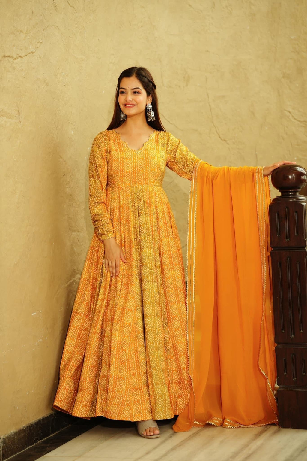 Sonakshi Women's Yellow Georgette Digital Print Full Round Flair Anarkali Gown Set With Dupatta - Distacart