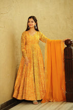 Sonakshi Women's Yellow Georgette Digital Print Full Round Flair Anarkali Gown Set With Dupatta - Distacart