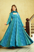 Sonakshi Women's Blue Georgette Digital Print Full Round Flair Anarkali Gown Set With Dupatta - Distacart