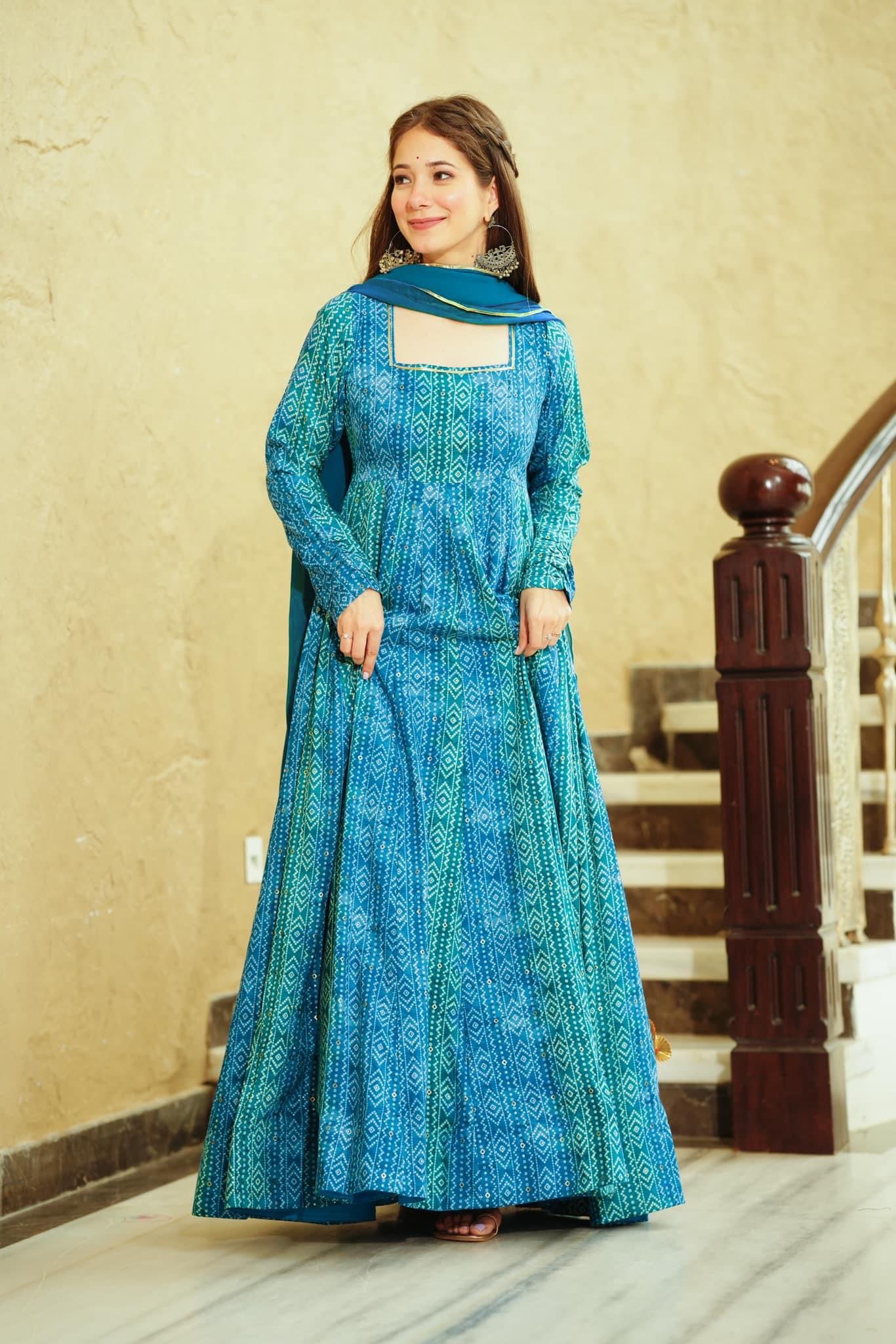 Sonakshi Women's Blue Georgette Digital Print Full Round Flair Anarkali Gown Set With Dupatta - Distacart