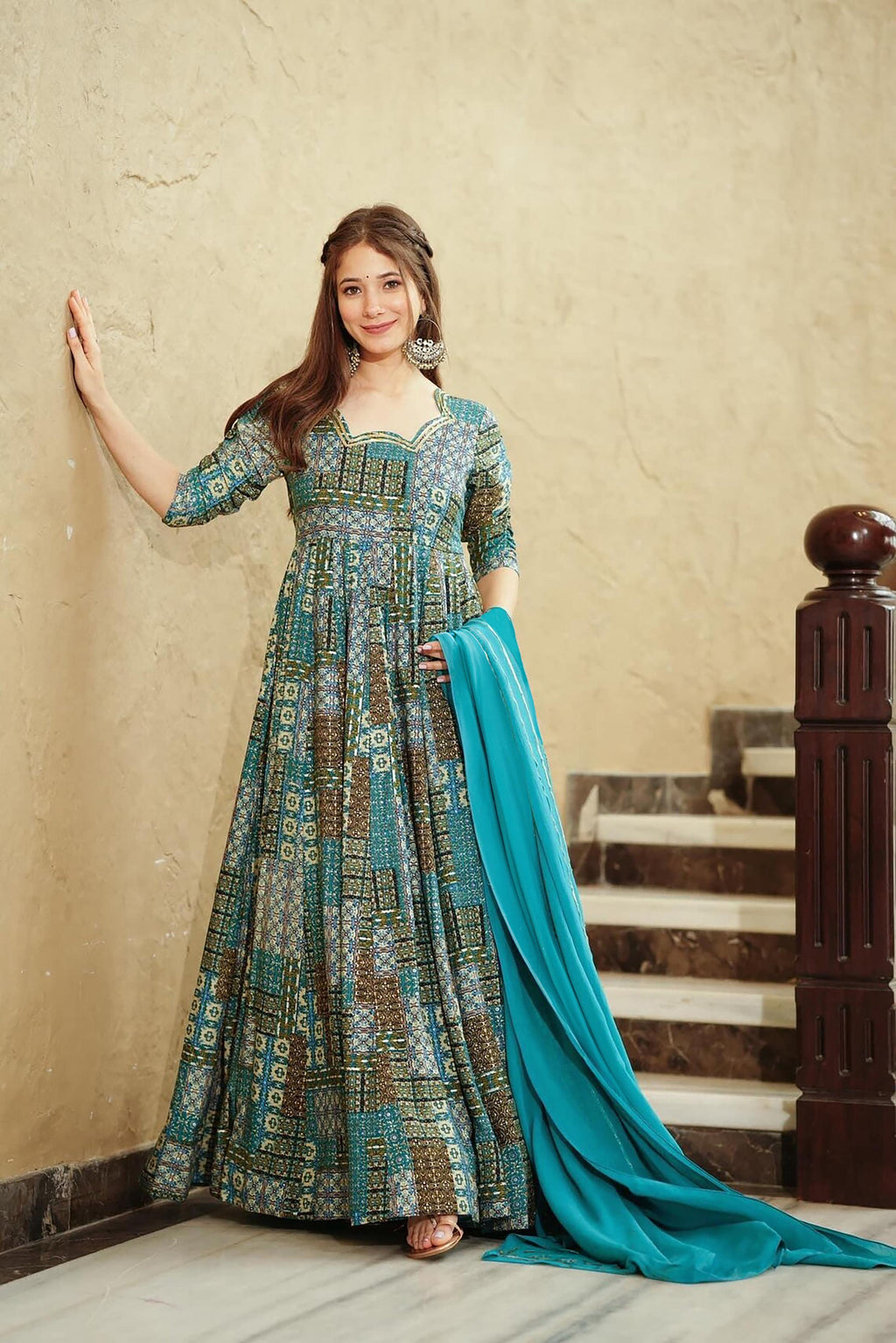 Sonakshi Women's Sky Blue Rayon Digital Print Full Round Flair Anarkali Gown Set With Dupatta - Distacart