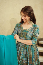 Sonakshi Women's Sky Blue Rayon Digital Print Full Round Flair Anarkali Gown Set With Dupatta - Distacart