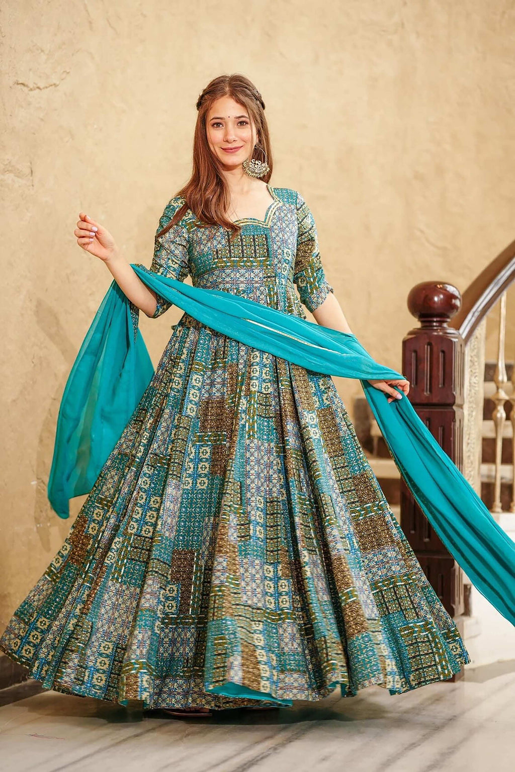Sonakshi Women's Sky Blue Rayon Digital Print Full Round Flair Anarkali Gown Set With Dupatta - Distacart