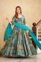 Sonakshi Women's Sky Blue Rayon Digital Print Full Round Flair Anarkali Gown Set With Dupatta - Distacart