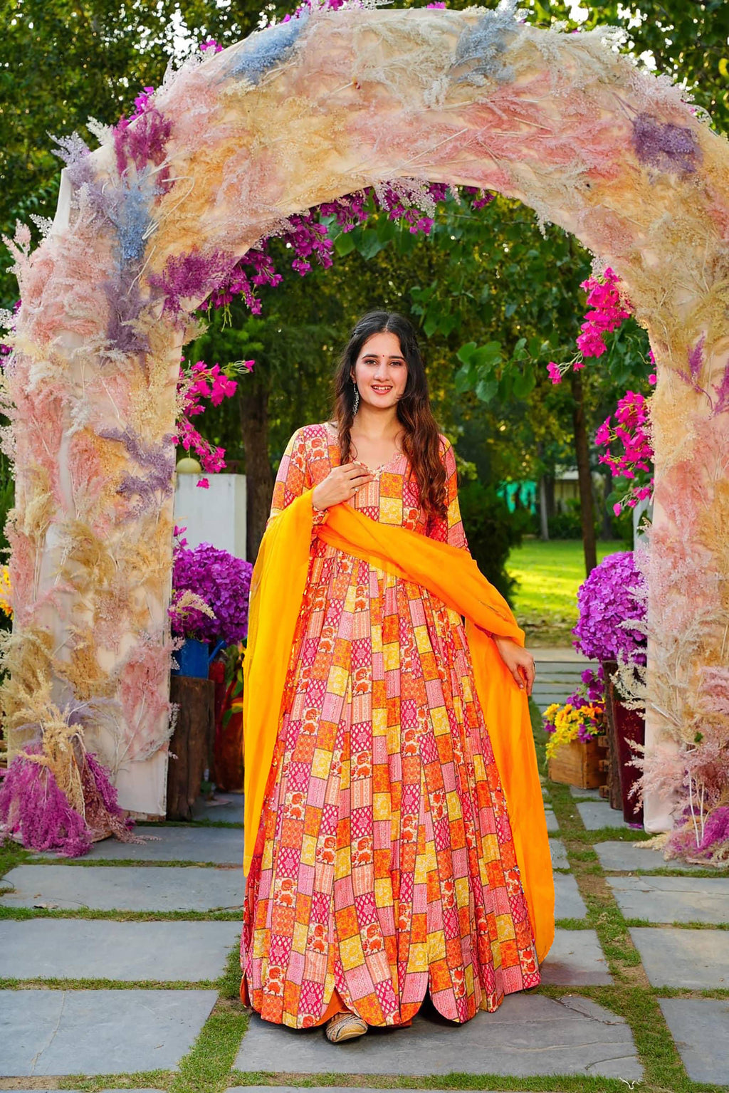 Sonakshi Women's Yellow Rayon Digital Print Full Round Flair Anarkali Gown Set With Dupatta - Distacart