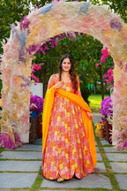 Sonakshi Women's Yellow Rayon Digital Print Full Round Flair Anarkali Gown Set With Dupatta - Distacart