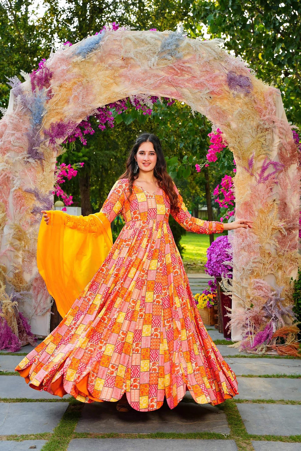 Sonakshi Women's Yellow Rayon Digital Print Full Round Flair Anarkali Gown Set With Dupatta - Distacart