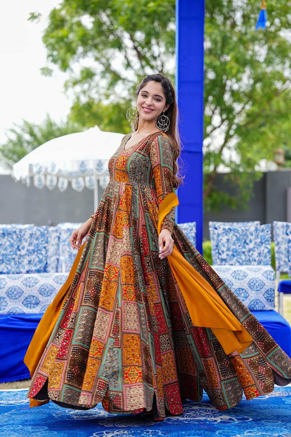 Sonakshi Women's Multicolor Rayon Digital Print Full Round Flair Anarkali Gown Set With Dupatta - Distacart