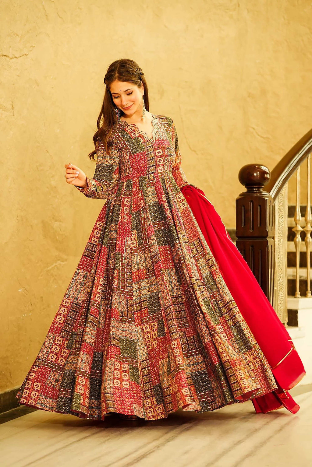 Sonakshi Women's Multicolor Rayon Digital Print Full Round Flair Anarkali Gown Set With Dupatta - Distacart