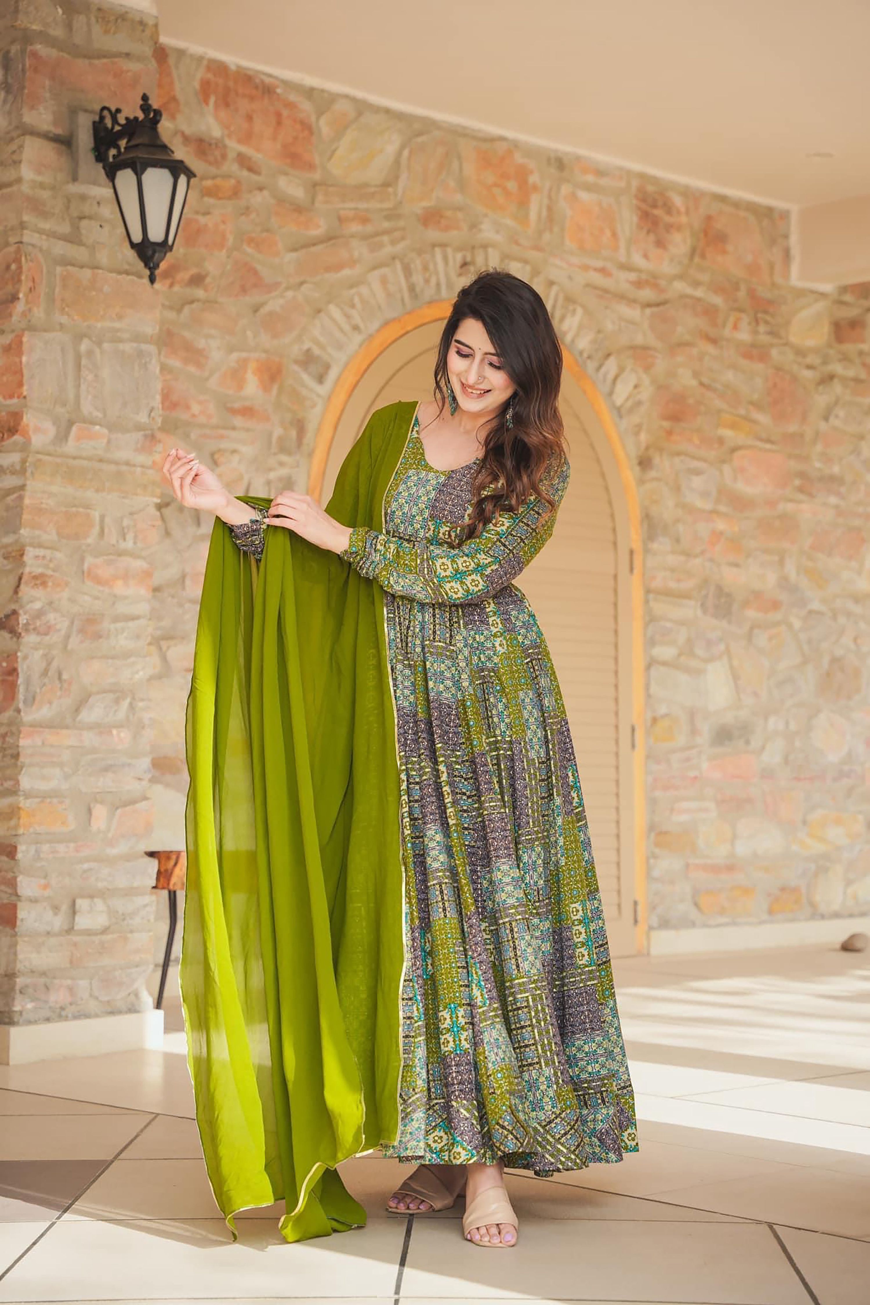 Sonakshi Women's Green Rayon Digital Print Full Round Flair Anarkali Gown Set With Dupatta - Distacart