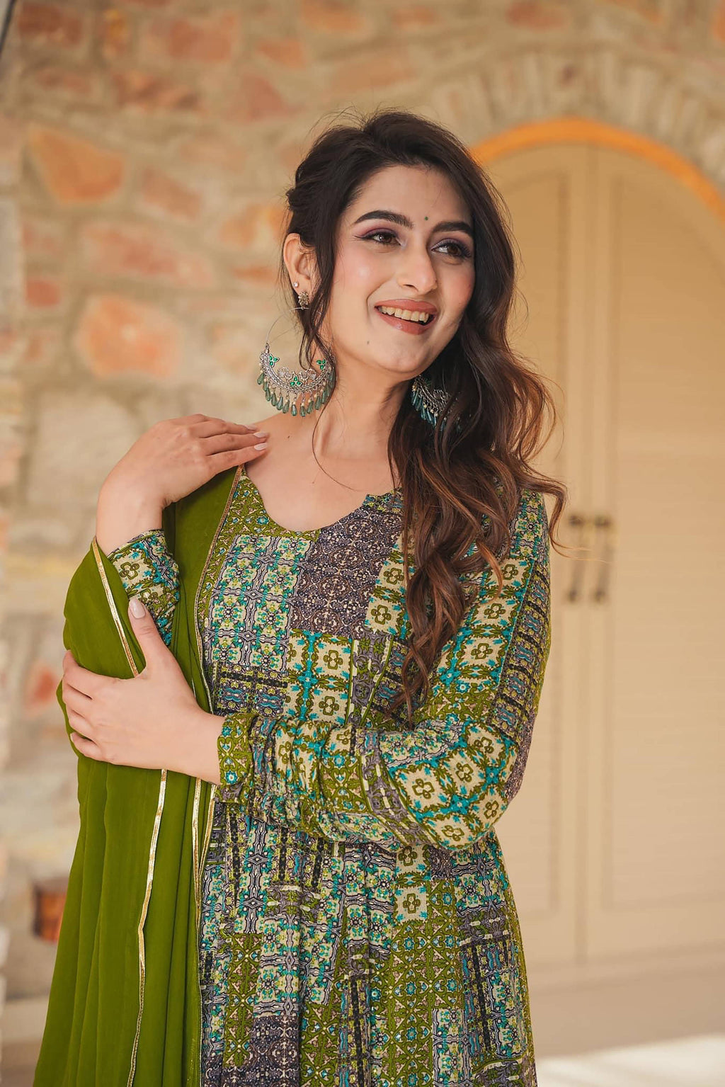 Sonakshi Women's Green Rayon Digital Print Full Round Flair Anarkali Gown Set With Dupatta - Distacart