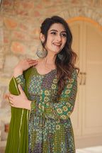 Sonakshi Women's Green Rayon Digital Print Full Round Flair Anarkali Gown Set With Dupatta - Distacart