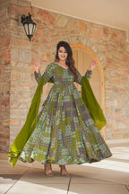 Sonakshi Women's Green Rayon Digital Print Full Round Flair Anarkali Gown Set With Dupatta - Distacart