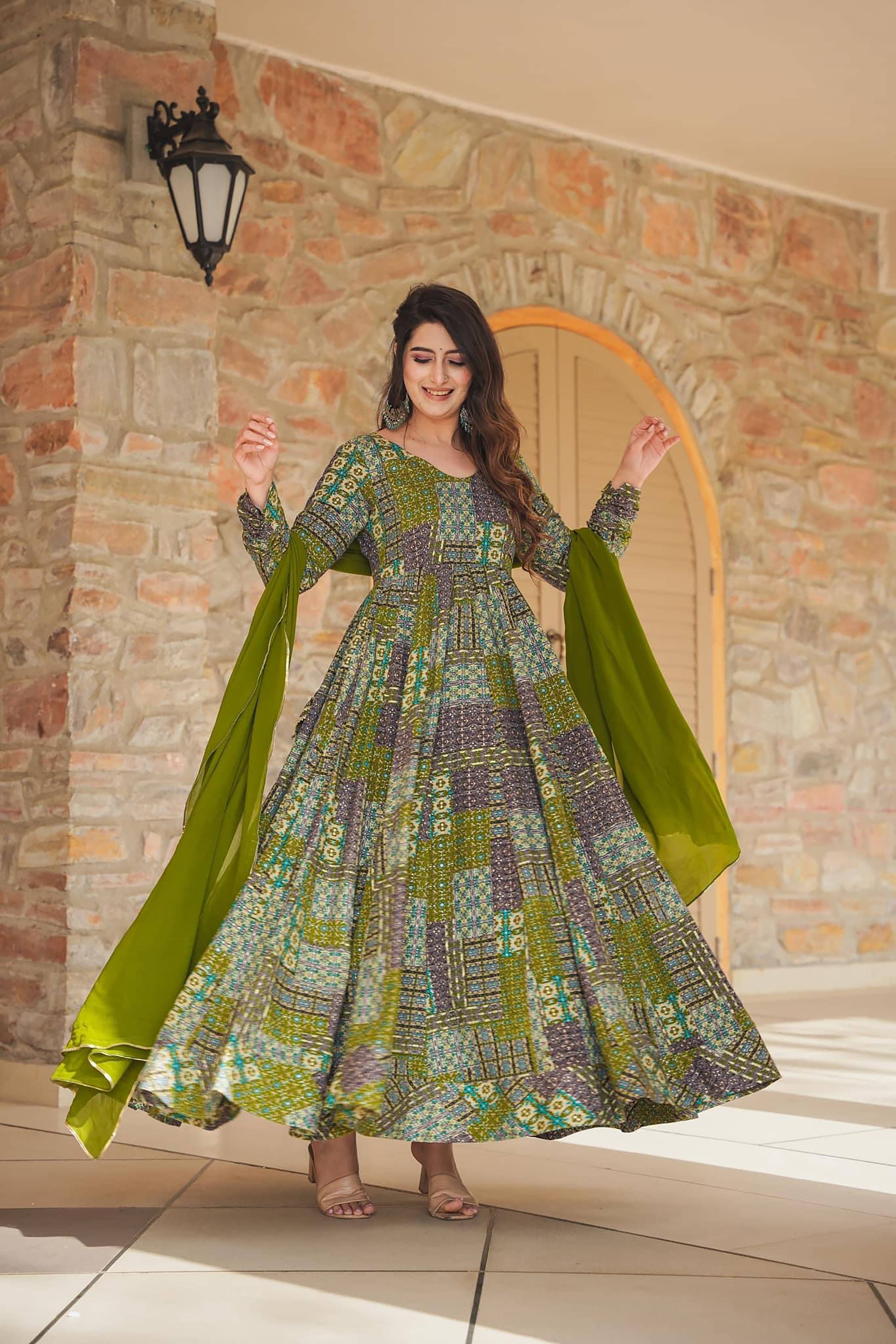 Sonakshi Women's Green Rayon Digital Print Full Round Flair Anarkali Gown Set With Dupatta - Distacart