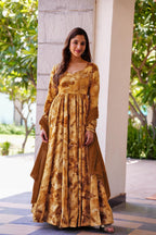 Sonakshi Women's Mustard Rayon Digital Print Full Round Flair Anarkali Gown Set With Dupatta - Distacart