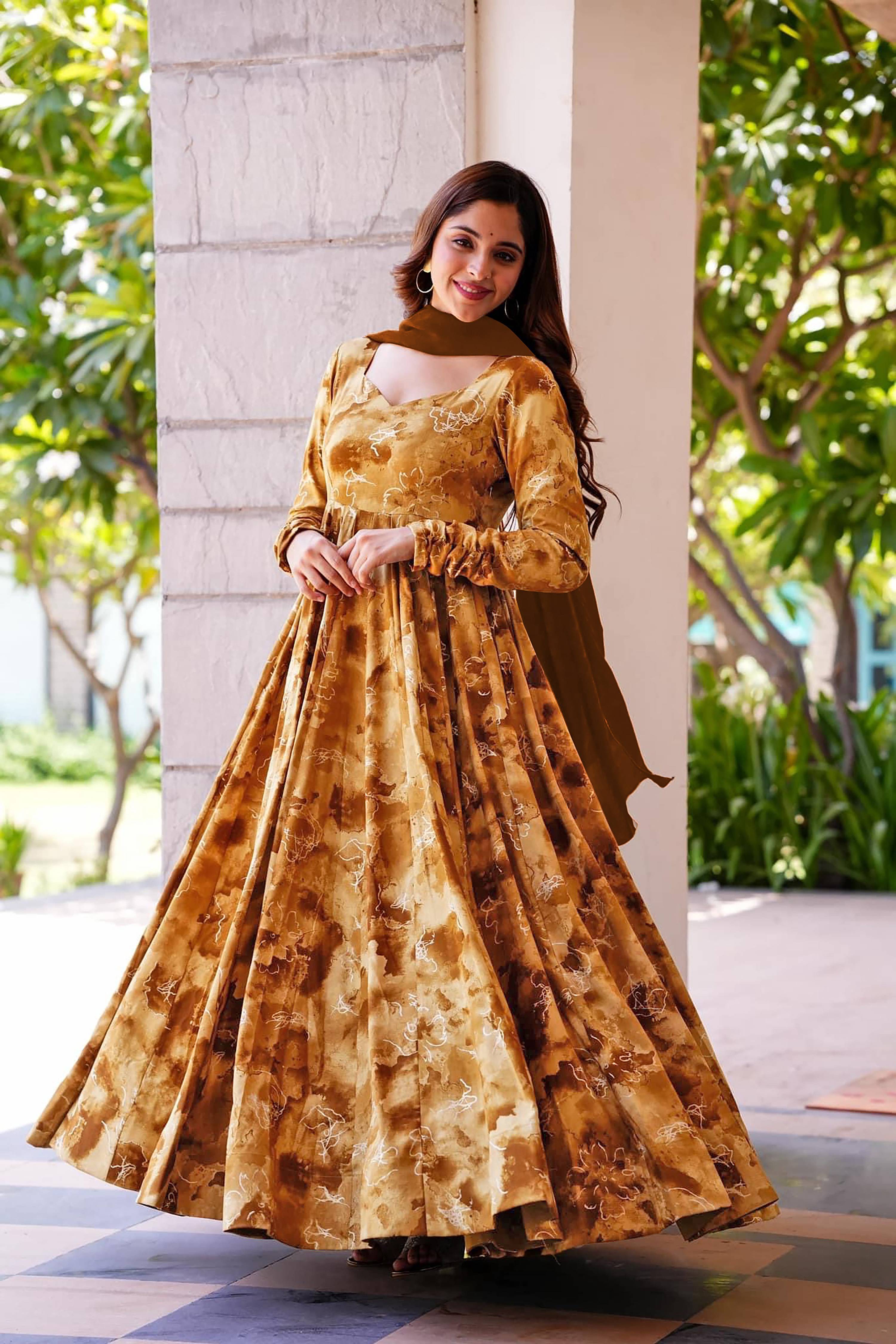 Sonakshi Women's Mustard Rayon Digital Print Full Round Flair Anarkali Gown Set With Dupatta - Distacart