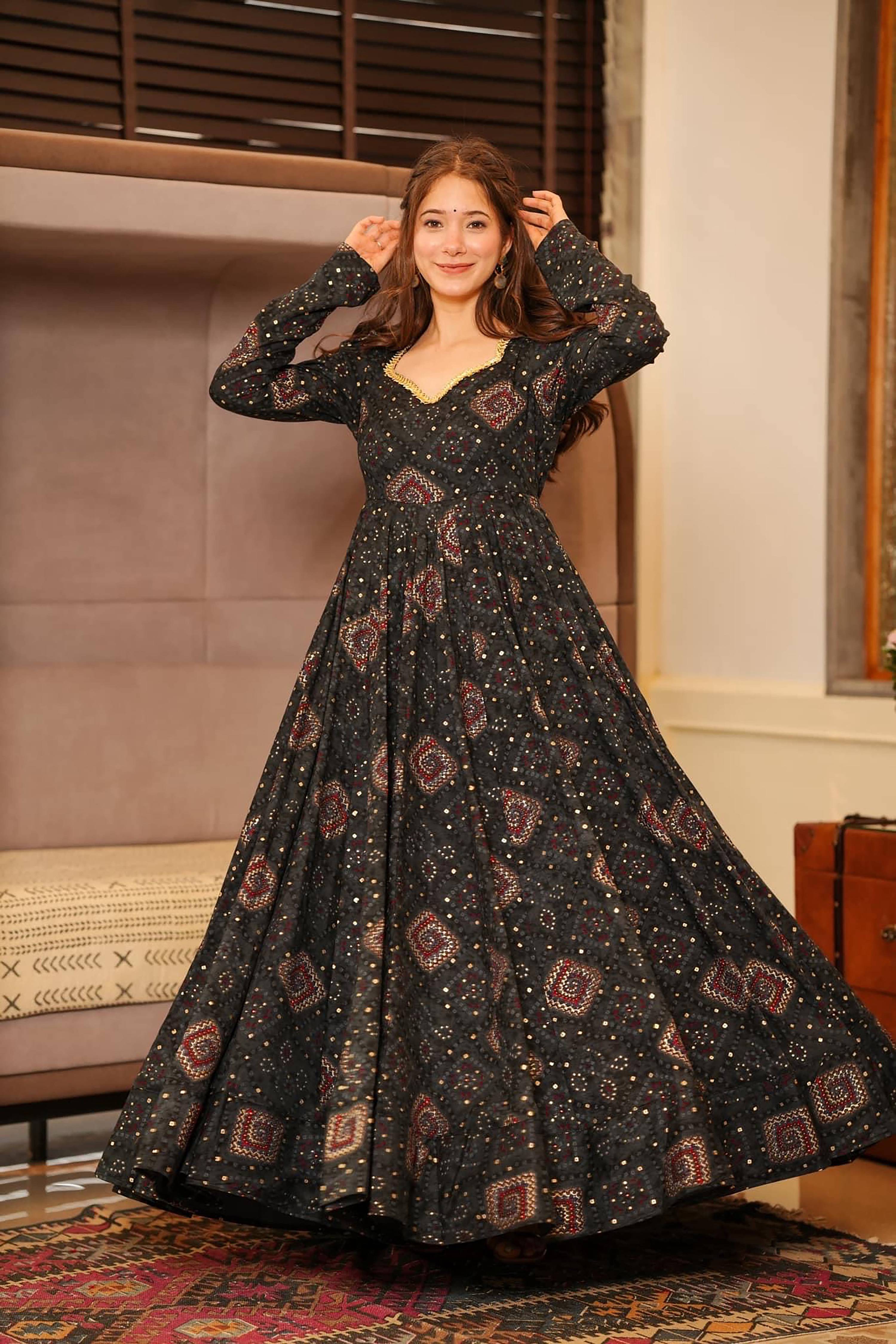 Sonakshi Women's Black Rayon Digital Print Full Round Flair Anarkali Gown Set - Distacart