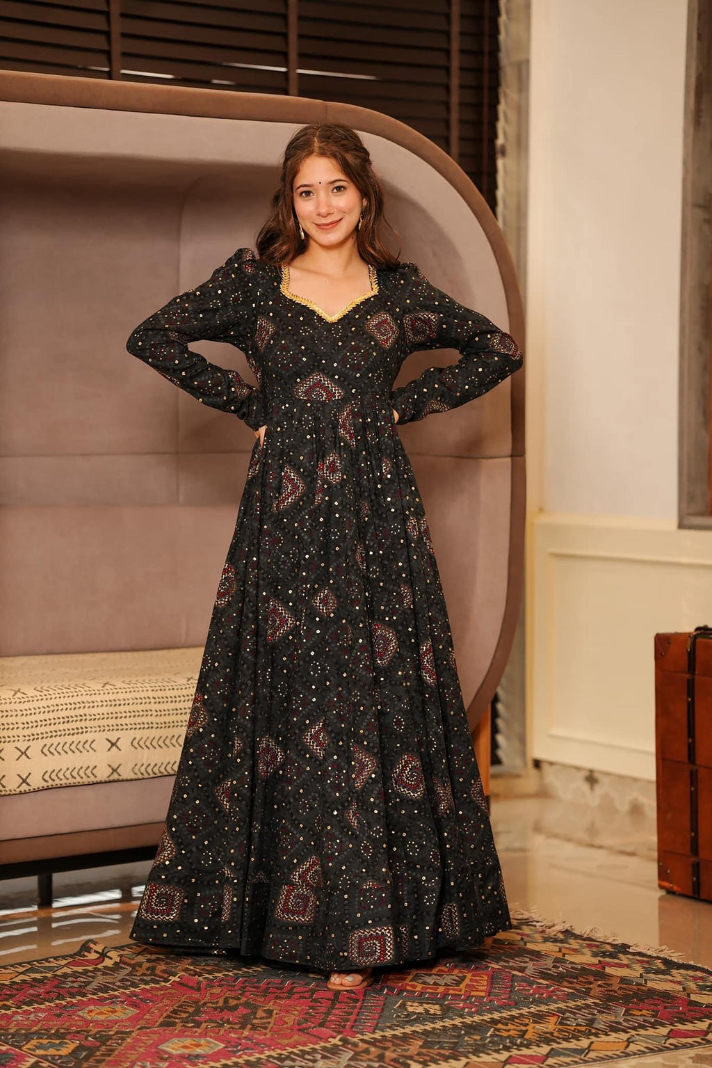 Sonakshi Women's Black Rayon Digital Print Full Round Flair Anarkali Gown Set - Distacart