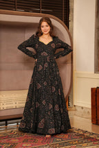 Sonakshi Women's Black Rayon Digital Print Full Round Flair Anarkali Gown Set - Distacart