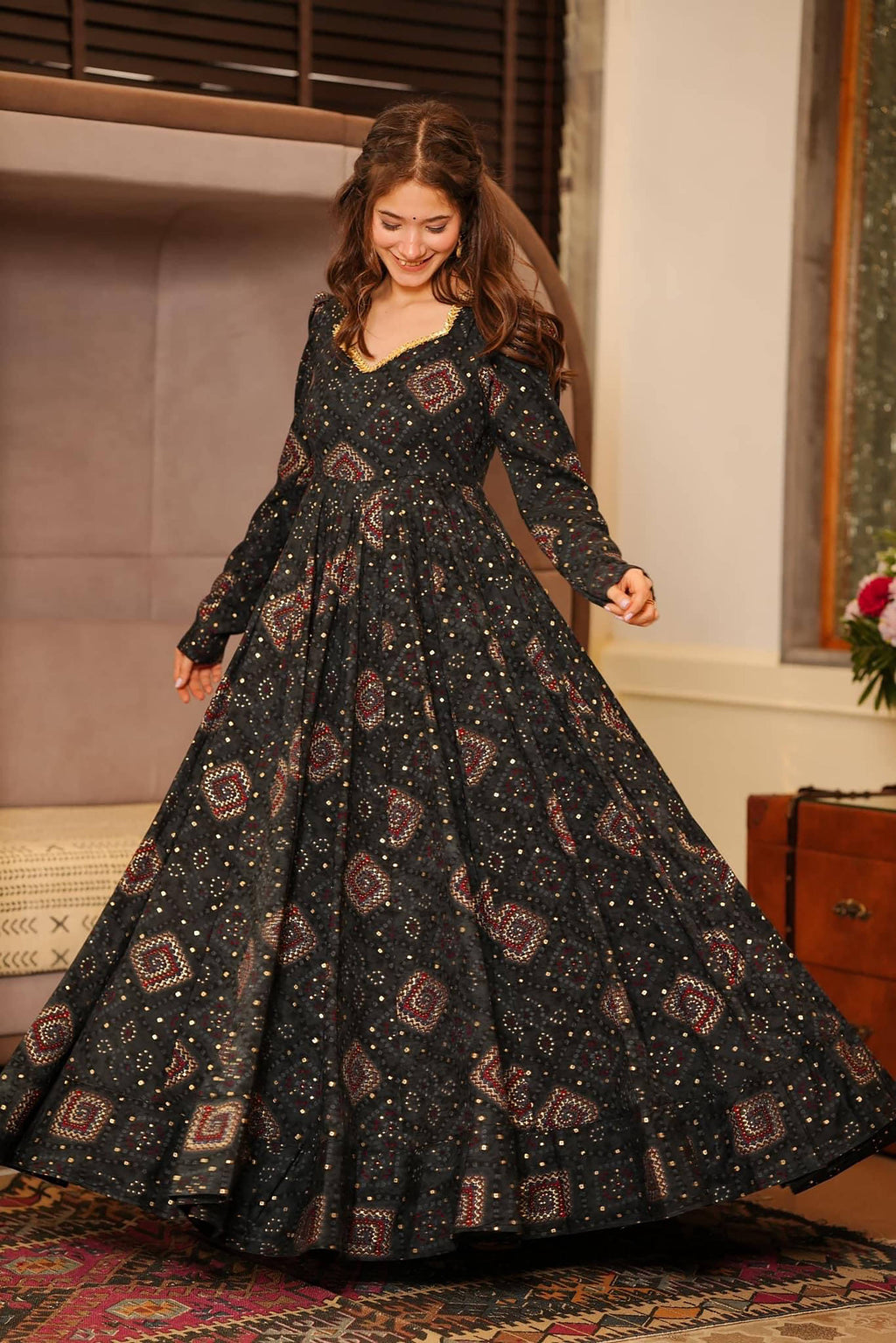 Sonakshi Women's Black Rayon Digital Print Full Round Flair Anarkali Gown Set - Distacart