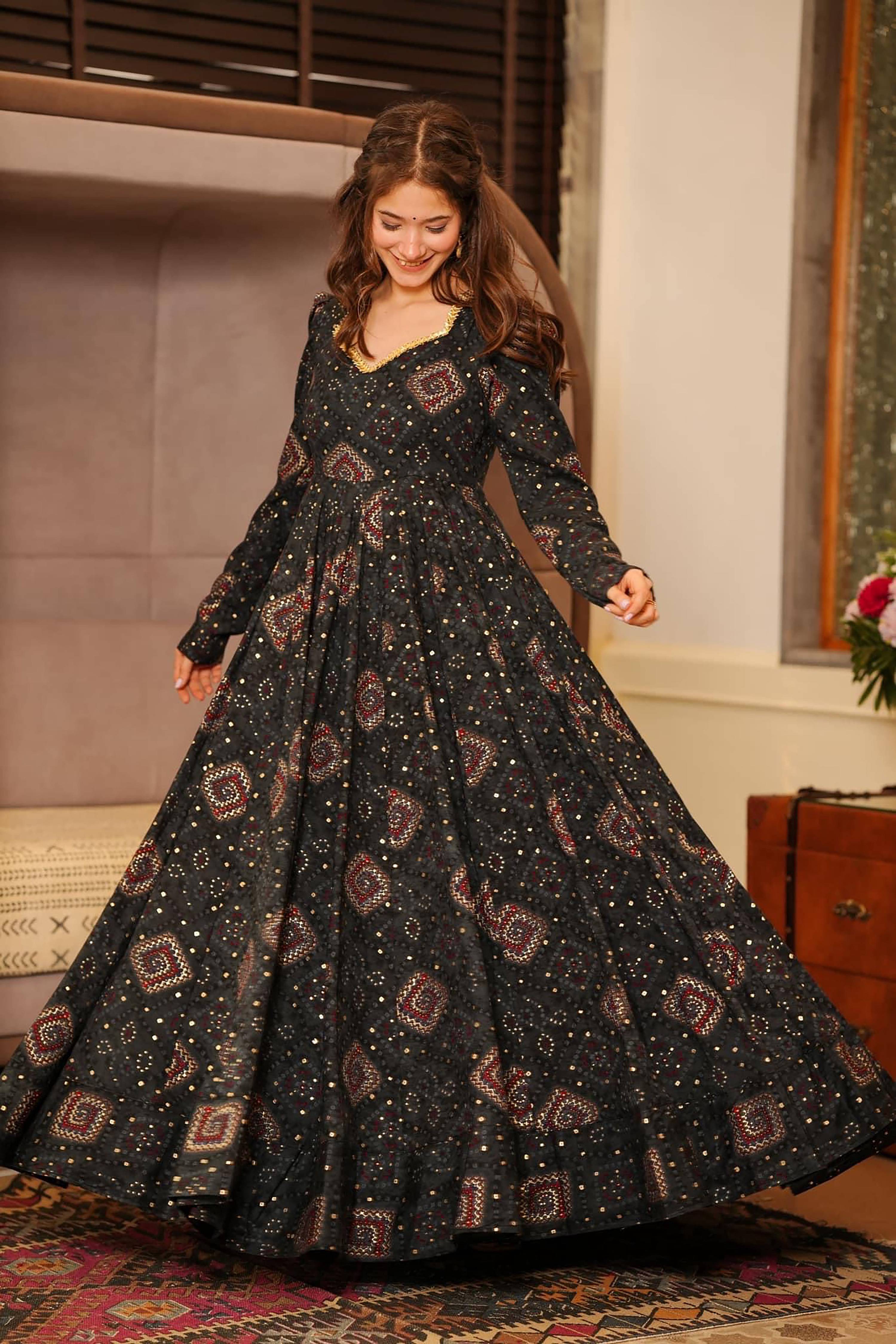 Sonakshi Women's Black Rayon Digital Print Full Round Flair Anarkali Gown Set - Distacart