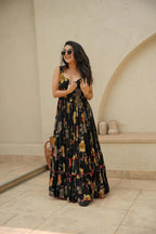 Sonakshi Women's Black Rayon Digital Print Full Round Flair Anarkali Gown Set - Distacart