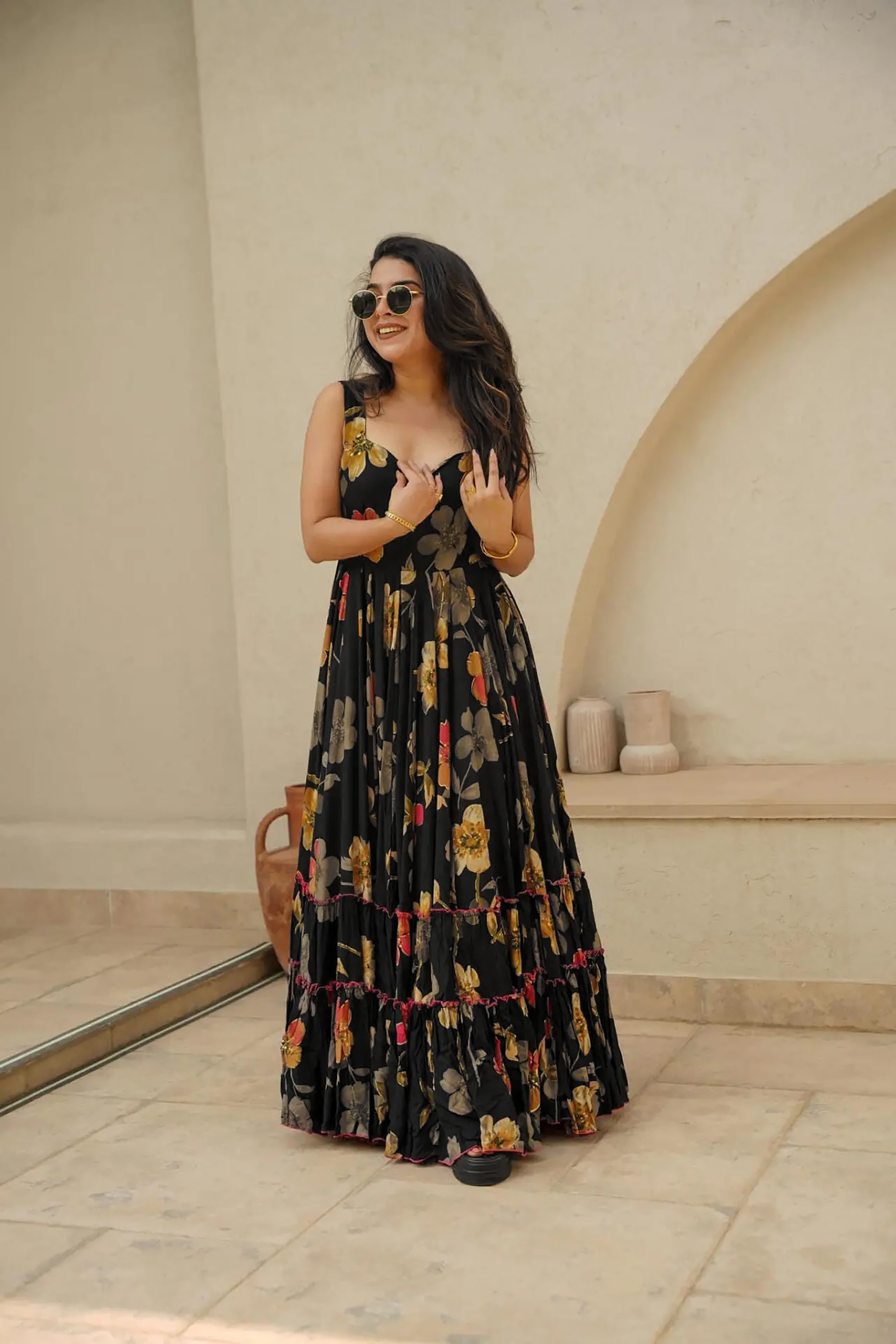 Sonakshi Women's Black Rayon Digital Print Full Round Flair Anarkali Gown Set - Distacart