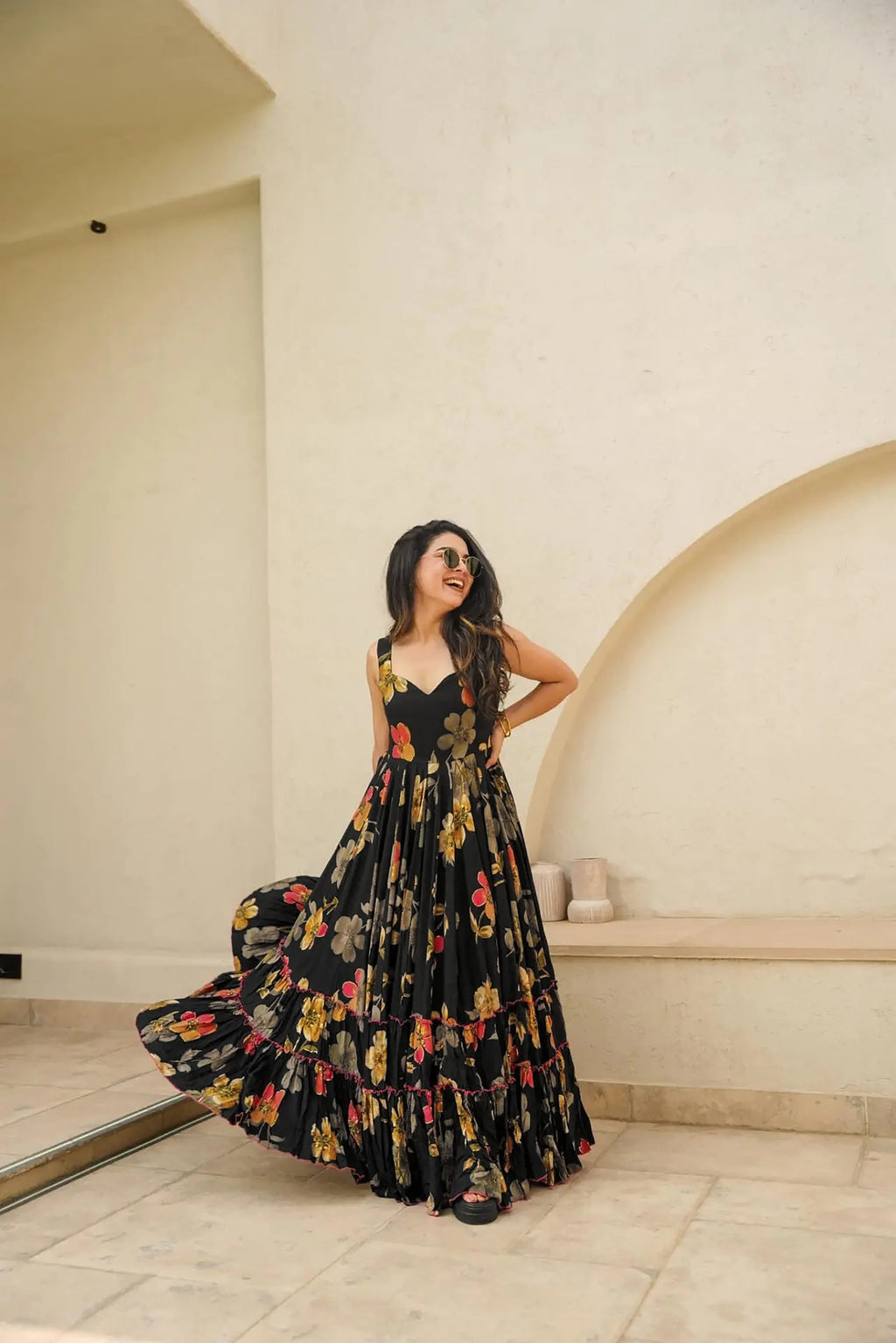 Sonakshi Women's Black Rayon Digital Print Full Round Flair Anarkali Gown Set - Distacart