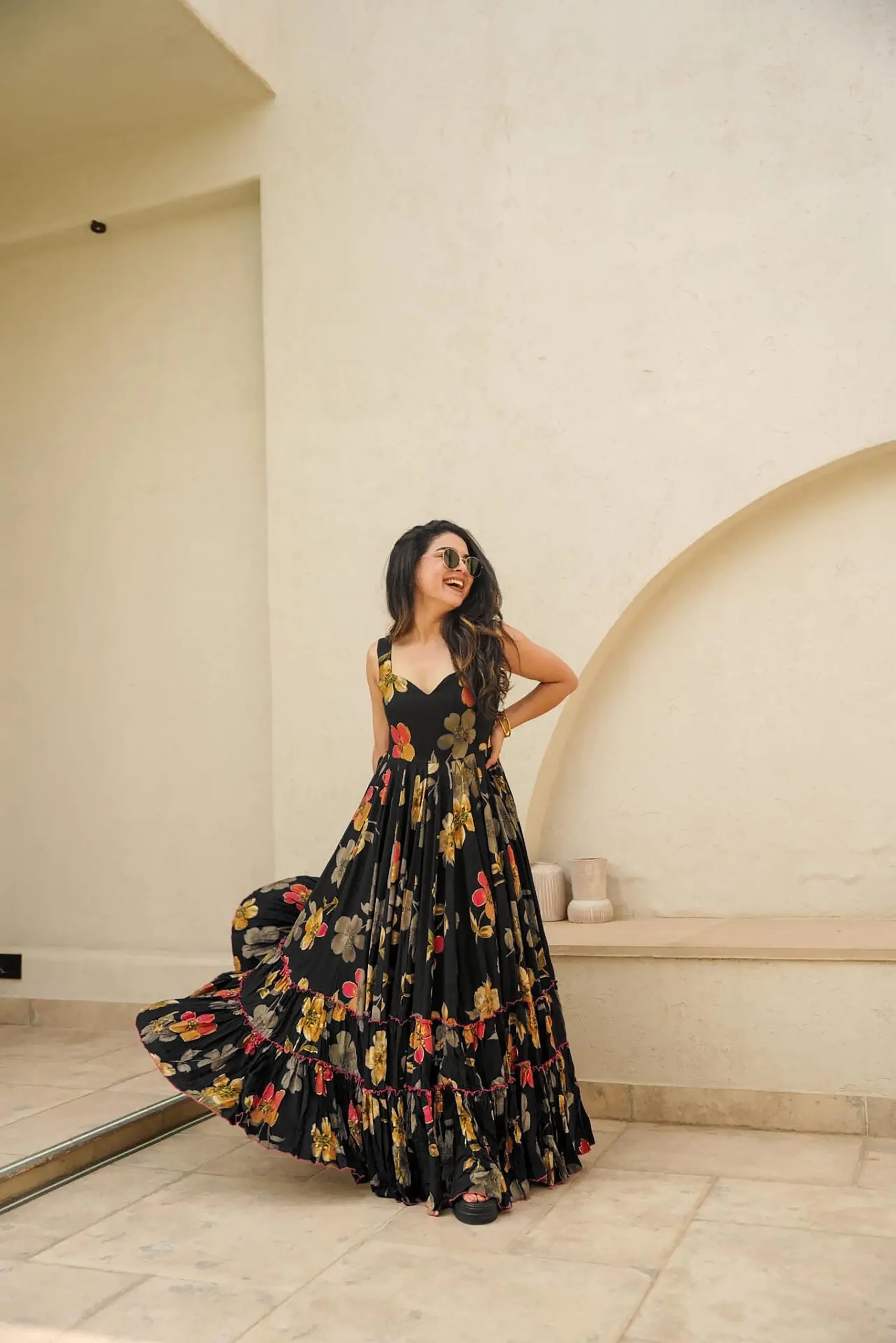 Sonakshi Women's Black Rayon Digital Print Full Round Flair Anarkali Gown Set - Distacart