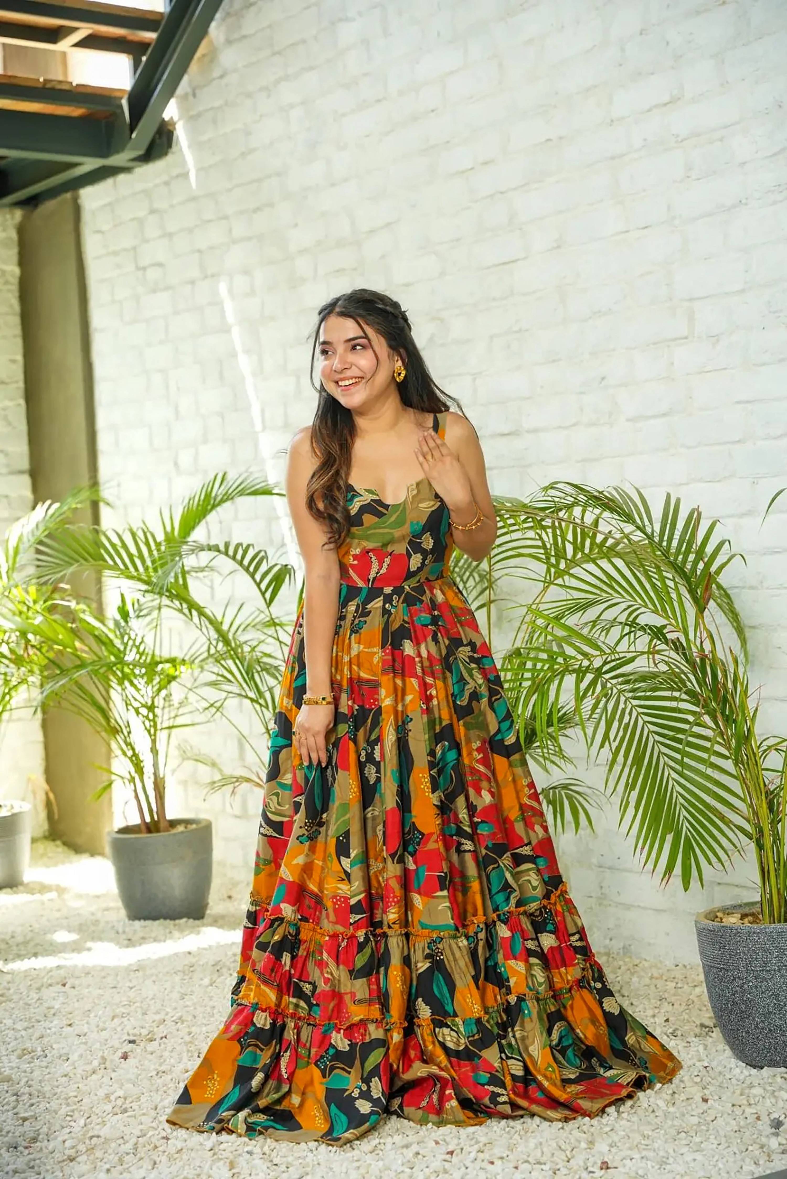 Sonakshi Women's Multicolor Rayon Digital Print Full Round Flair Anarkali Gown Set - Distacart