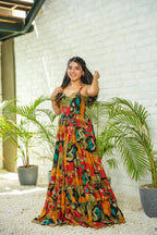 Sonakshi Women's Multicolor Rayon Digital Print Full Round Flair Anarkali Gown Set - Distacart