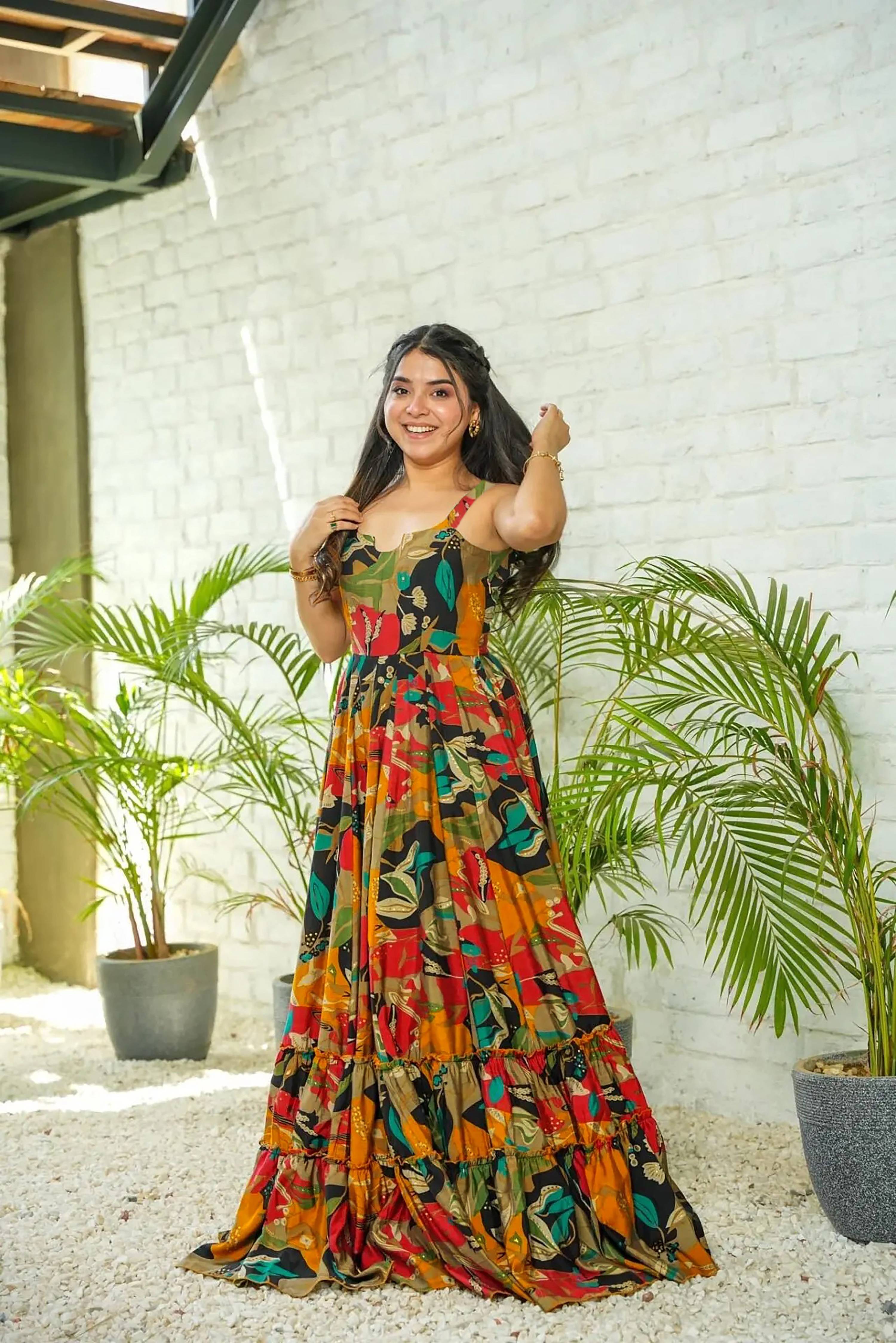 Sonakshi Women's Multicolor Rayon Digital Print Full Round Flair Anarkali Gown Set - Distacart