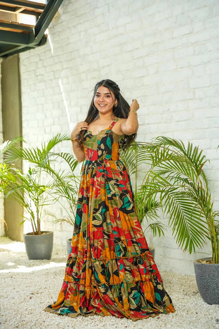 Sonakshi Women's Multicolor Rayon Digital Print Full Round Flair Anarkali Gown Set