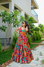 Sonakshi Women's Multicolor Rayon Digital Print Full Round Flair Anarkali Gown Set - Distacart