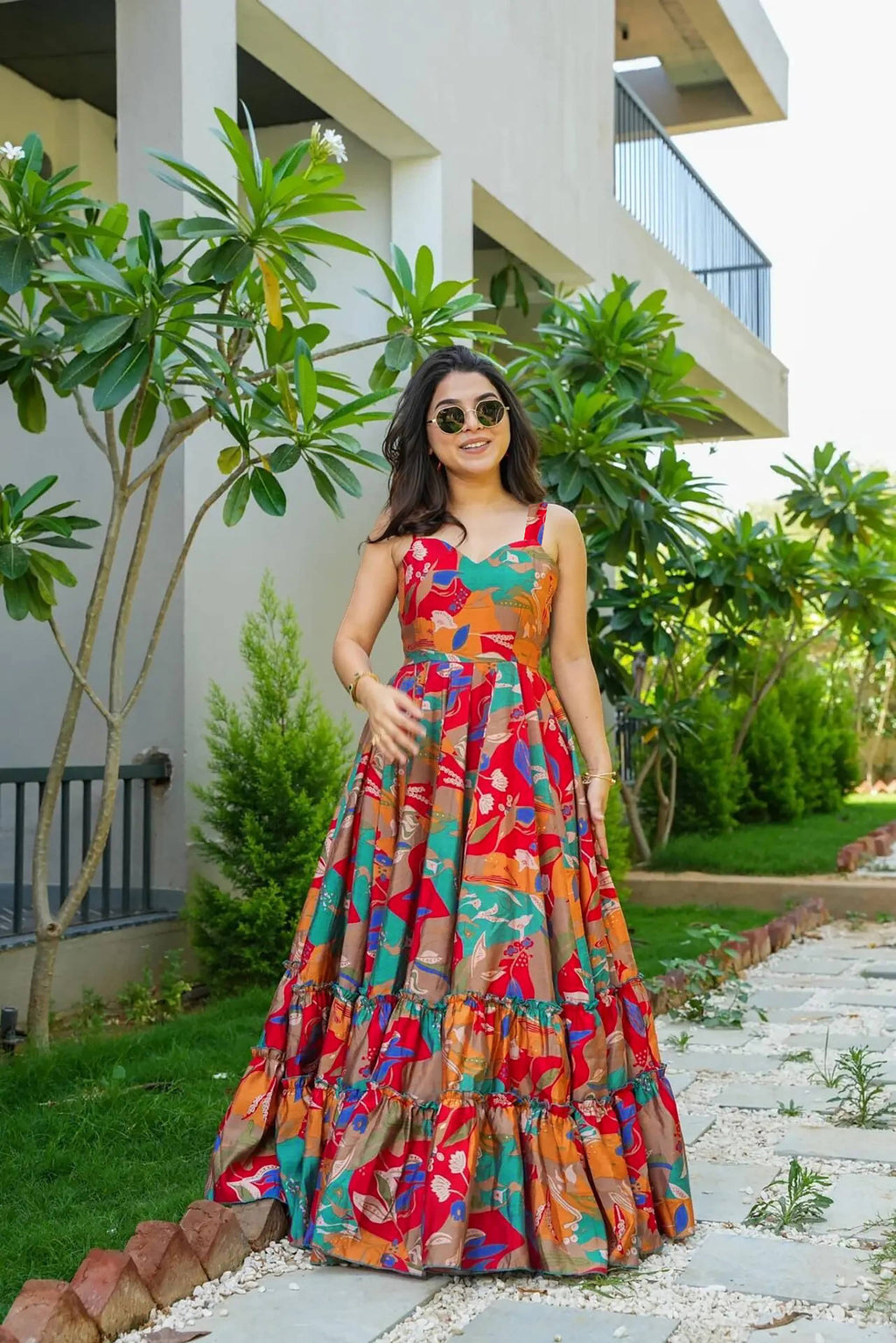 Sonakshi Women's Multicolor Rayon Digital Print Full Round Flair Anarkali Gown Set - Distacart