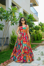 Sonakshi Women's Multicolor Rayon Digital Print Full Round Flair Anarkali Gown Set - Distacart