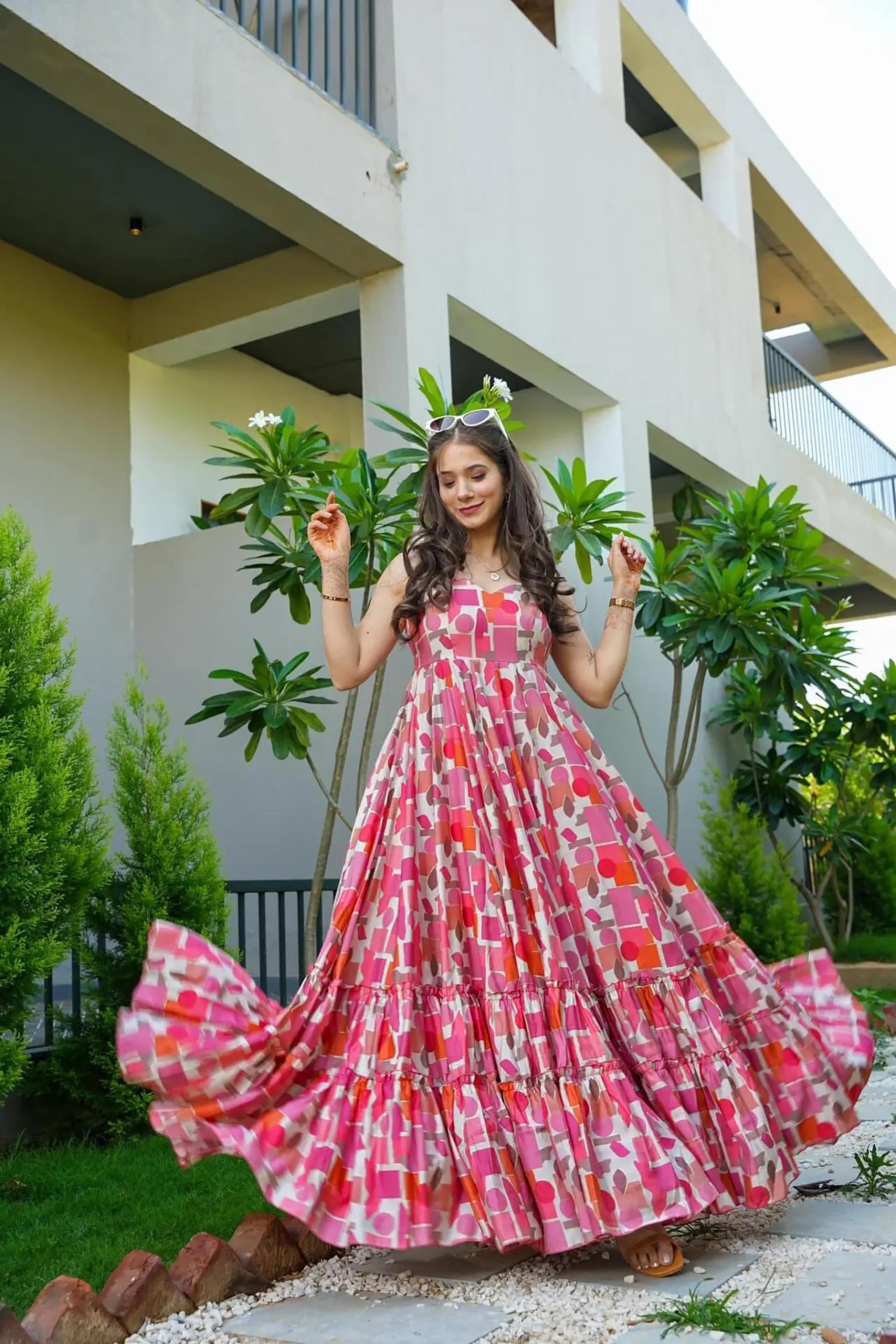 Sonakshi Women's Babypink Rayon Digital Print Full Round Flair Anarkali Gown Set - Distacart