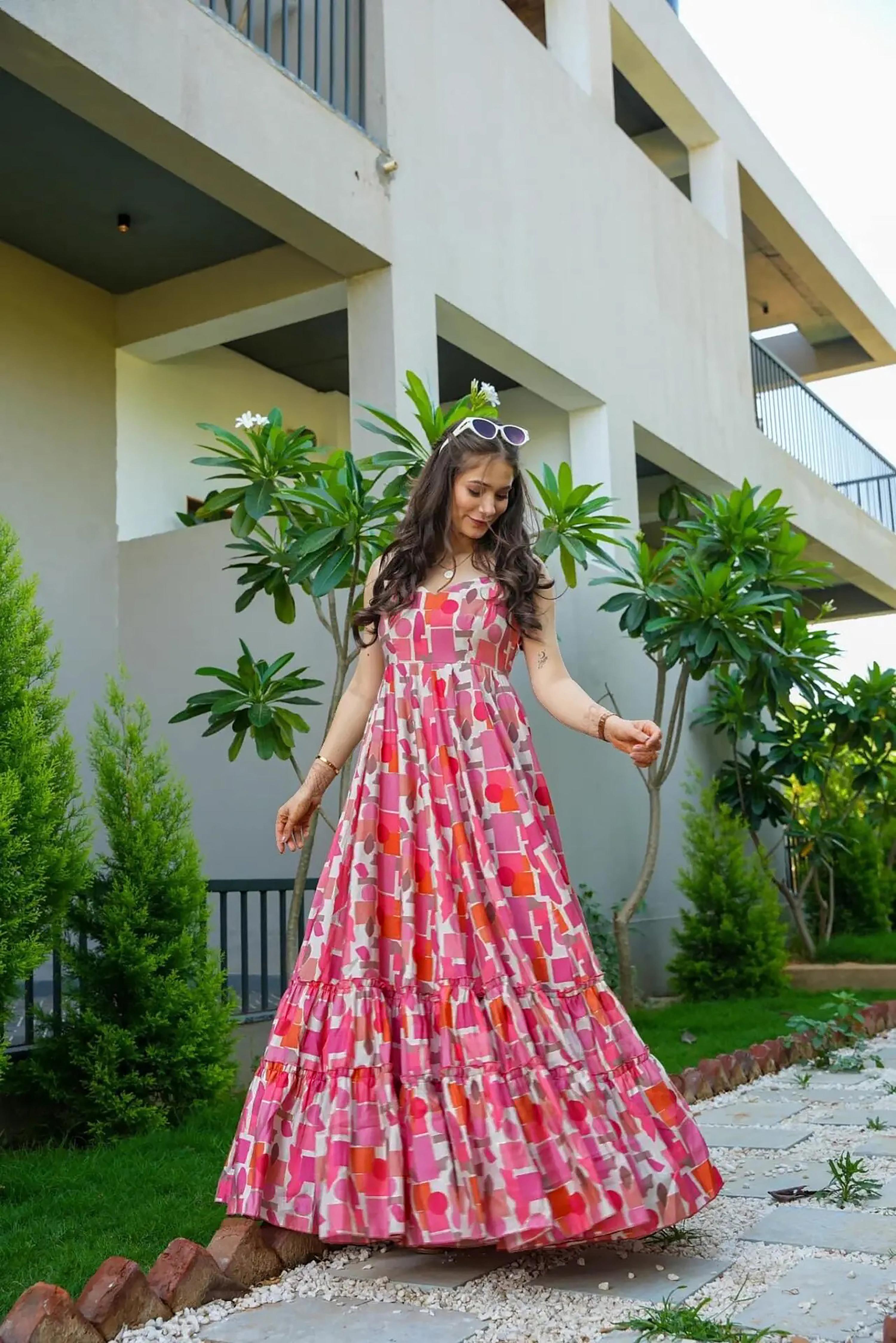 Sonakshi Women's Babypink Rayon Digital Print Full Round Flair Anarkali Gown Set - Distacart