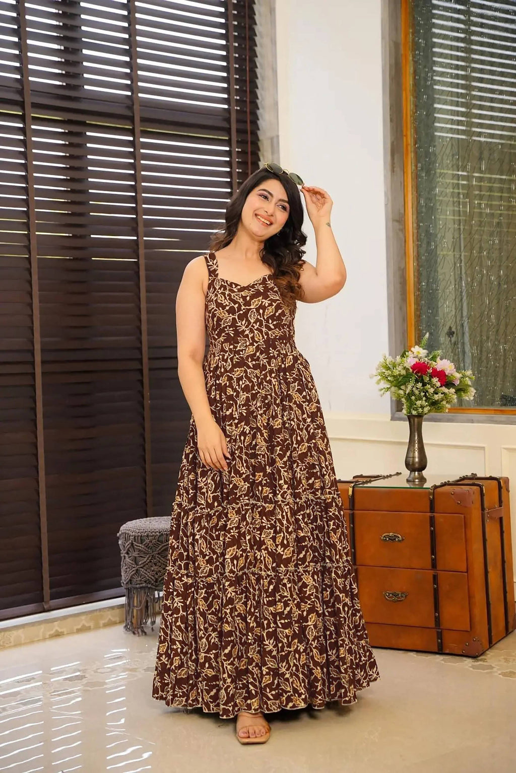 Sonakshi Women's Brown Rayon Digital Print Full Round Flair Anarkali Gown Set - Distacart