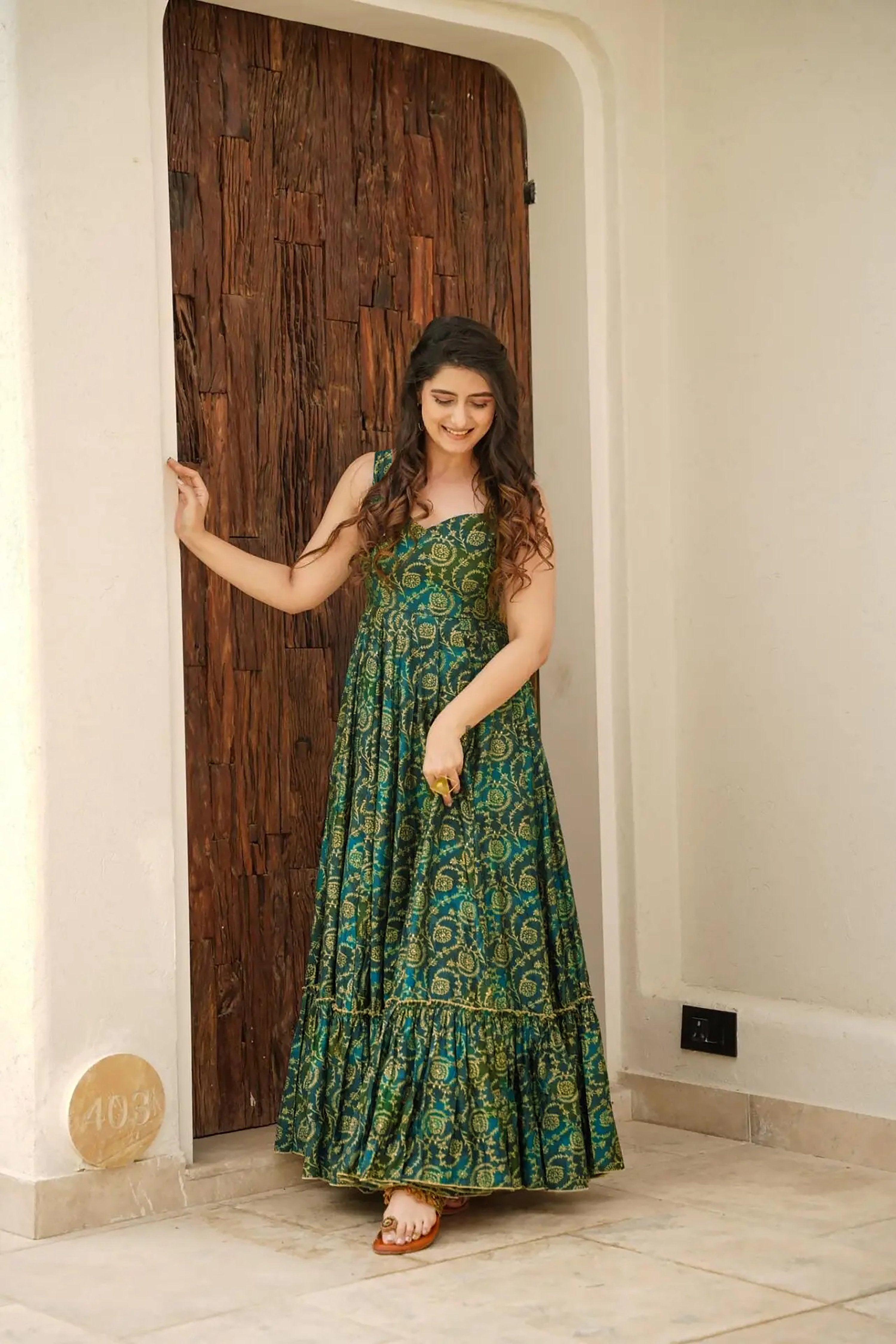 Sonakshi Women's Green Rayon Digital Print Full Round Flair Anarkali Gown Set - Distacart