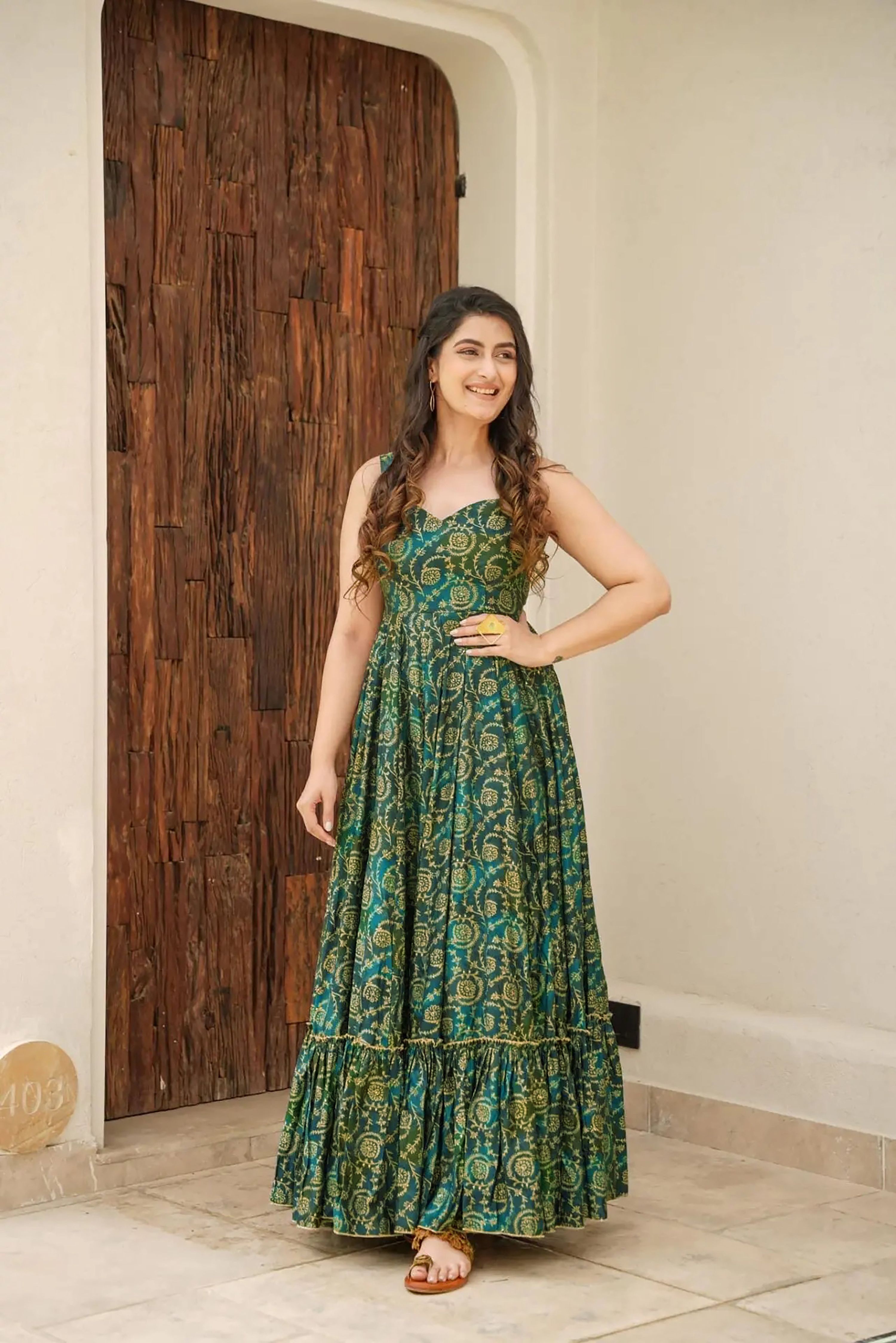 Sonakshi Women's Green Rayon Digital Print Full Round Flair Anarkali Gown Set - Distacart